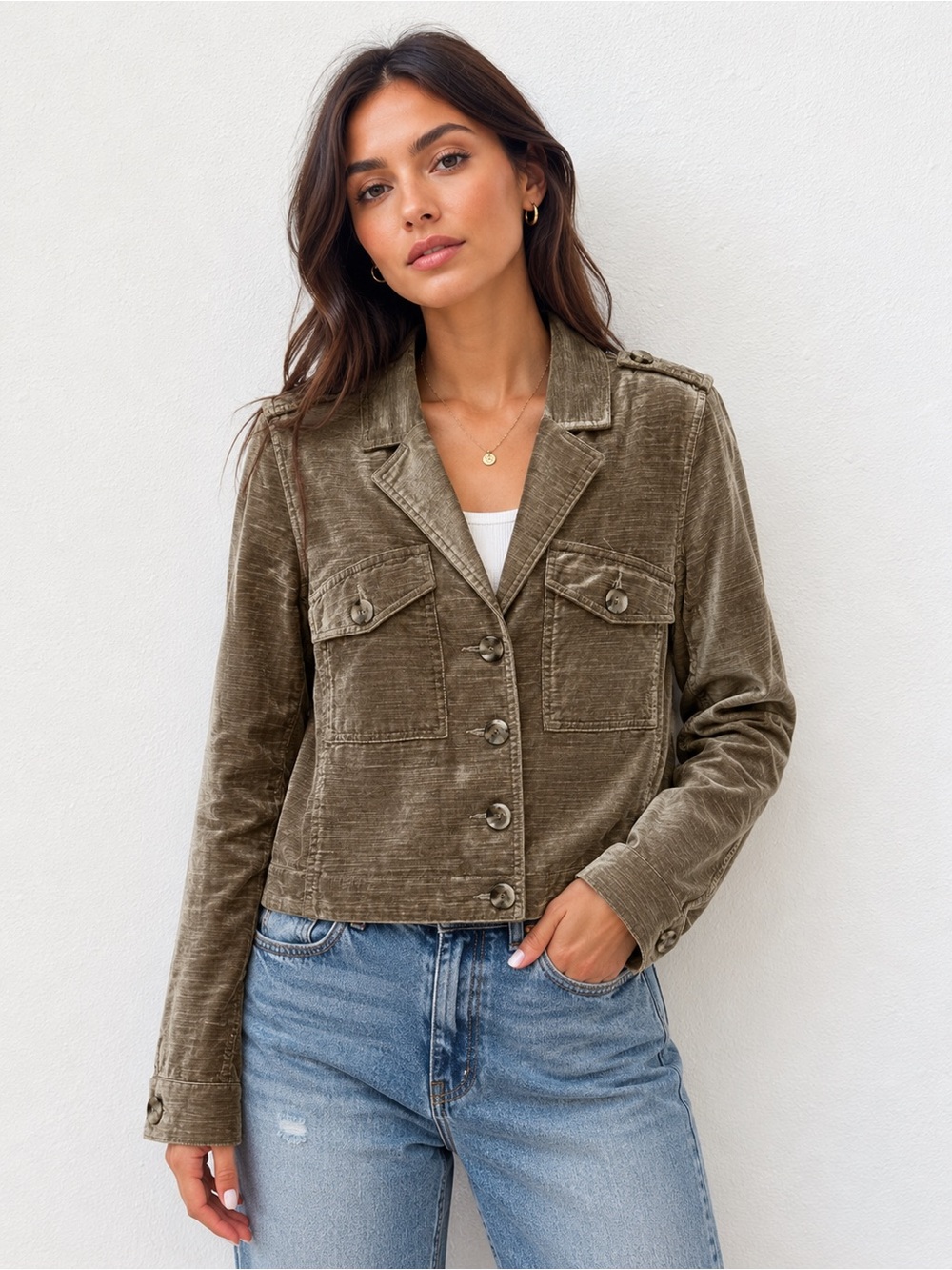 CAbi Sunday Olive velvet Button-Front Jacket S